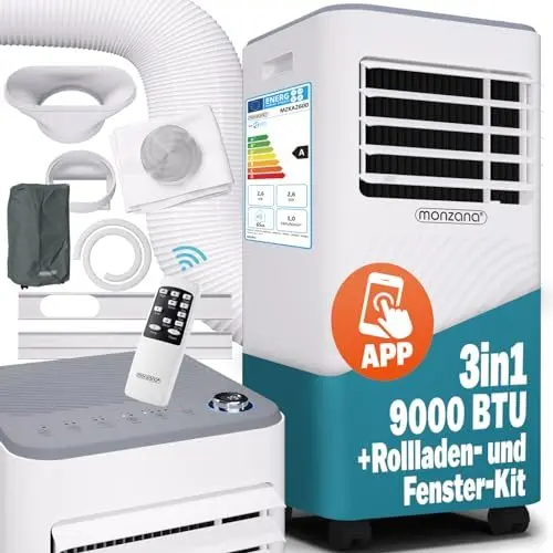Produktbild: Monzana® lokale Klimaanlage MZKA2600 WiFi App Mobil Fensterabdichtung Abluftschlauch 9000BTU 4in1 1000W 30qm Fernbedienung Luftentfeuchter Klimagerät