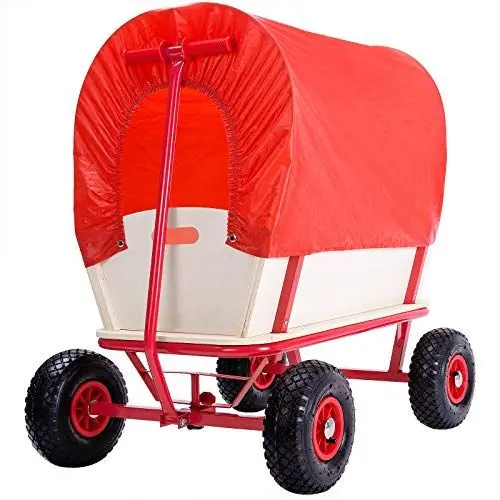 Produktbild: MONZANA® Bollerwagen Holz bis 180 kg mit Dach Luftreifen Stabil Robust Stahl Allround Handwagen Gartenwagen Strandwagen Leiterwagen Transportwagen Rot