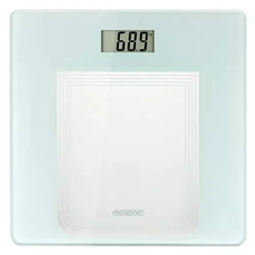 Produktbild: Monzana® Digitale Personenwaage hochpräzise DMS-Sensoren LCD Display Step-On-Technologie bis 180kg Körperwaage Waage weiß