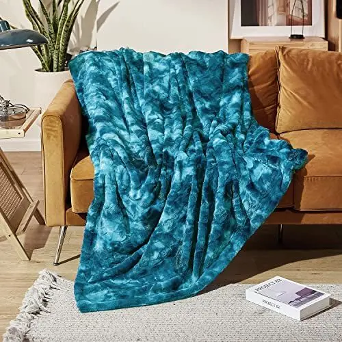 Produktbild: MOOFUN Kunstfell-Überwurfdecke, 203 x 152 cm, weich, flauschig, gemütlich, warm, flauschig, strapazierfähige Decke für Couch und Bett, Blaugrün