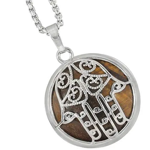Produktbild: mookaitedecor 18 Karat vergoldet Silber Runde Fatimas Hand Heilstein Anhänger für Damen und Herren, Lapislazuli Stein