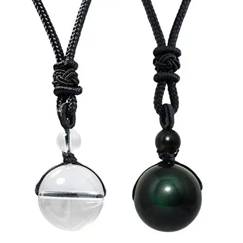 Produktbild: mookaitedecor 2 Stücke Glücklicher Segen Chakra Perlen poliert Stein Halsketten mit Anhänger für Unisex, Heilende Kristalle Glücksbringer Anhänger mit Kette Verstellbar, Obsidian & Bergkristall