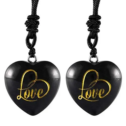 Produktbild: mookaitedecor 2er Set Naturliebe Herz Stein Halskette für Unisex, Gravur Token Amulett Obsidian Heilung Kristall Anhänger mit Kette verstellbar