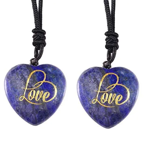 Produktbild: mookaitedecor 2er Set Naturliebesherz Stein Halskette für Unisex, Graviertes Amulett Lapislazuli Heilkristall Anhänger mit verstellbarer Kette