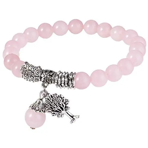 Produktbild: mookaitedecor Baum des Lebens 8mm Edelstein Armbänder mit Heilsteinen Amulett Armband Perlen Mutmacher für Damen Herren, Rosenquarz