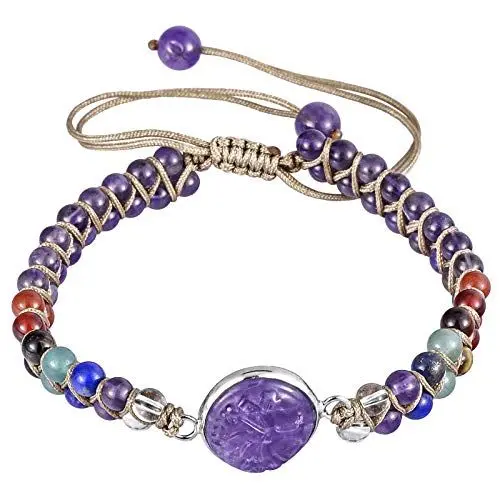 Produktbild: mookaitedecor Heilstein Baum des Lebens Armband für Damen und Herren, 4mm 7 Chakra Perlen Einstellbare Doppelt Geflochtenes Armbänder für Yoga Heilung Reiki, Amethyst Stein