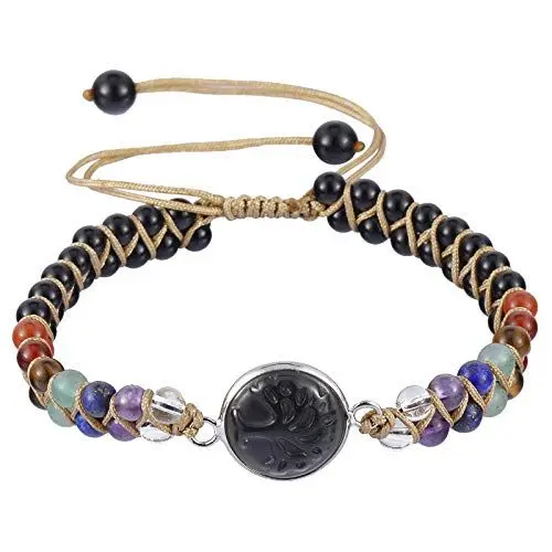 Produktbild: mookaitedecor Heilstein Baum des Lebens Armband für Damen und Herren, 4mm 7 Chakra Perlen Einstellbare Doppelt Geflochtenes Armbänder für Yoga Heilung Reiki, Grüner Aventurin Stein
