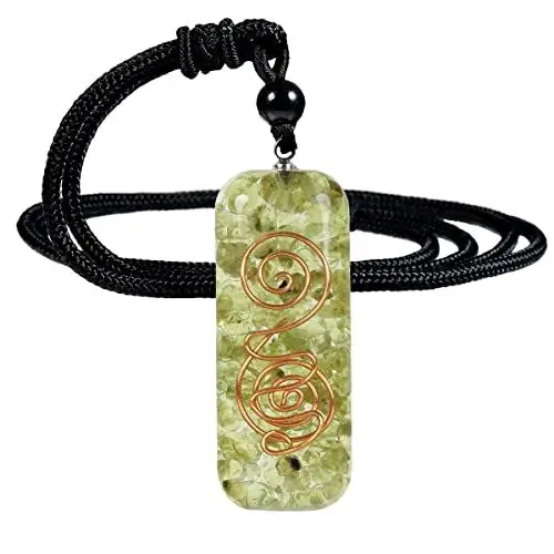 Produktbild: mookaitedecor Reiki-Symbol Anhänger Halskette Amulett für Damen und Herren, polierter Steinschmuck Edelsteinanhänger mit verstellbarer Kette, Olivin Stein