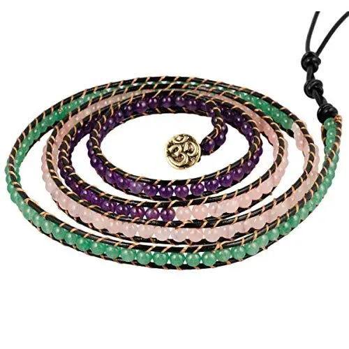 Produktbild: mookaitedecor Wickelarmband für Frauen und Männer, natürliche Perlen Kristallstein Heilung einstellbar Armband für Unisex，Grünes Aventurin, Rosenquarz, Amethyst