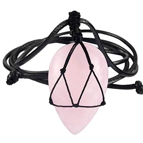 Produktbild: mookaitedecor poliert Teardrop Energie Stein Anhänger Halskette für Frauen Männer, Heilung Kristall handgewebte Seil geflochtene Halskette für Chakra Reiki Rosenquarz