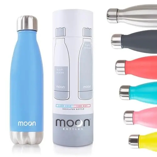 Produktbild: Moon Wasserflasche - Trinkflasche Edelstahl, Isolierflasche, Metall Flasche - Thermoflasche - 12h Heiß, 24h Kalt - Trinkflaschen für Kinder - Wasserflasche BPA Frei, Auslaufsicher (260ml, Blau)