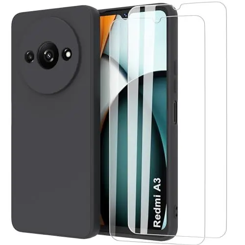 Produktbild: MOONESS Hülle kompatibel mit Xiaomi Redmi A3 4G 6,71 Zoll,Handyhülle für Xiaomi Redmi A3 4G mit 2 Stück Schutzfolie,Liquid Silikon TPU Schutzhülle Dünn Backcover - Schwarz