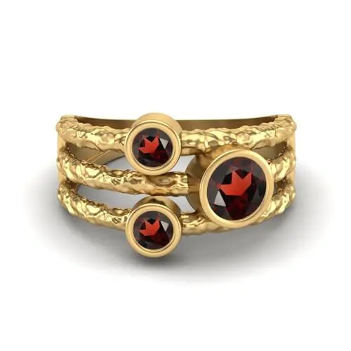 Produktbild: MOONEYE 0,70 Ctw-Runde Granat Ring mit geteiltem Schaft, gehämmertes geteiltes Band, 925er-Sterlingsilber, Trio-Stein-Ring Gold Vermeil, 49