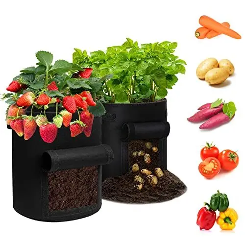 Produktbild: MoonSing Kartoffel Pflanzsack, Pflanzen Wachsende Tasche 7 Gallonen Atmungsaktive Pflanztaschen aus Vliesstoff Tomaten Grow Bag mit Sichtfenster und Griffen, für Blumen, Gemüs (2 Stück), Schwarz
