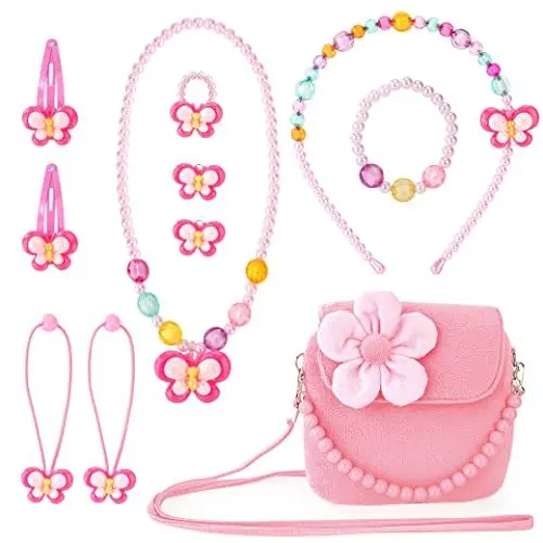 Produktbild: MoonSing Kinderschmuck Kleine Mädchen Plüsch Handtasche Geldbörsen, Schmuckset Kinder mit Halskette Armband Ring und Ohrring, Prinzessin Ankleiden Modeschmuck Geschenk zum Anziehen Pretend Play