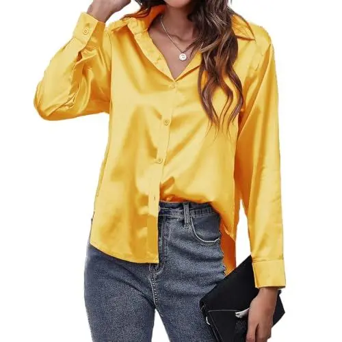 Produktbild: MOONSIROLI Satin Bluse Damen Langarm Casual Seidenbluse Elegant Langarmshirt Shirts Büro Button Down Hemd Top (Gelb M)