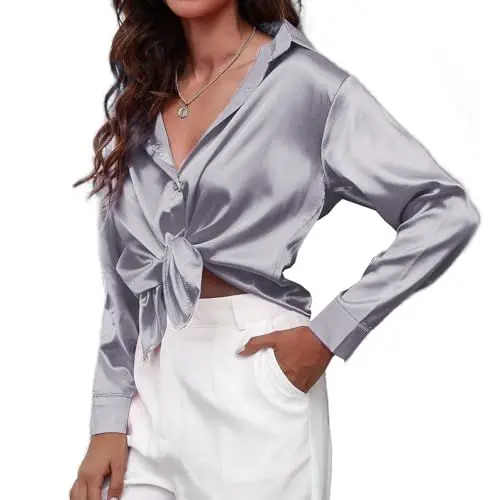 Produktbild: MOONSIROLI Satin Bluse Damen Langarm Casual Seidenbluse Elegant Langarmshirt Shirts Büro Button Down Hemd Top (Grau L)