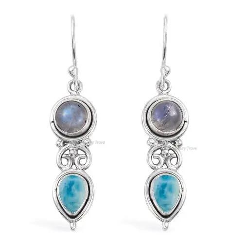 Produktbild: Moonstone, Larimar Handmade 925 Sterling Silver Earrings for Women &, Drop, Dangle 2 Gemstone Earrings, Christmas Gift