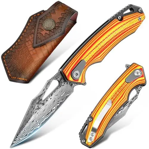 Produktbild: Taschenmesser Klappmesser aus VG10 Damast scharf echt Einhandmesser Outdoor Messer Survival Roseholzgriff mit Leder Holster Damastmesser für Wandern Bushcraft Camping Geschenke für Männer