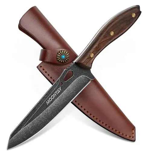 Produktbild: Moontay Outdoor Messer Full Tang Feststehende Klinge Bushcraft Messer mit Leder Scheide scharfes Jagdmesser Holz Griff Survival Messer für Wandern Bushcraft Camping Geschenke für Männer