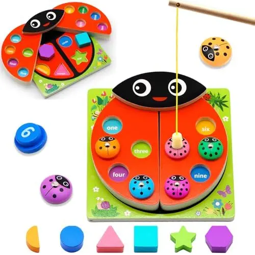 Produktbild: MOONTOY Marienkäfer Magnetisches Angelspiel Montessori Spielzeug ab 1 2 Jahre Kinderspielzeug 3 in1 Holz Magnetspiel Motorikspielzeug Lernspielzeug Geschenk für Junge und Mädchen ab 2 3 4 Jahre