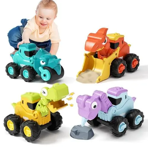 Produktbild: MOONTOY Spielzeug ab 1 Jahr, Baby Dinosaurier Spielzeugautos, Kinder Bausandkasten Fahrzeug Spielset, Press and Go Baby Auto für Kleinkinder 12 18 Monate, Großartig Geschenk für Kinder 1 2 3 Jahr
