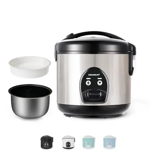 Produktbild: MOOSUM Reiskocher & Eine-Knopf-Bedienung,Kleine Kapazität von 0,8L,Für 2-5 Personen,Schnelle Zubereitung ohne Anbrennen - Mit Warmhaltefunktion inkl. Dämpfeinsatz, Löffel & Messbecher, Silbern