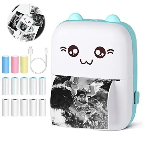 Produktbild: Mopoin Mini Drucker, Thermodrucker Handy Drucker ​Tragbarer Fotodrucker Mini Fotodrucker für Smartphone Kompatibel mit Android iOS mit 14 Rollen Druckerpapier für Studenten, Büroangestellte, Blau