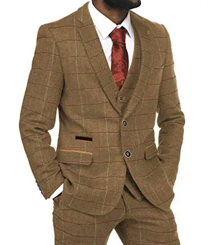 Produktbild: MoranX Casual Herren Anzüge 3 Teilig Slim Fit Wolle Kariert Fischgrätenmuster Tweed Smoking Business Jacke Blazer Weste Hose Hochzeitsanzug(Braun,110)