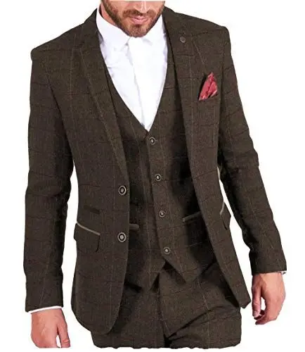 Produktbild: MoranX Casual Herren Anzüge 3 Teilig Wolle Kariert Fischgrätenmuster Tweed Smoking Business Jacke Blazer Weste Hose Hochzeitsanzug(Kaffee,60)