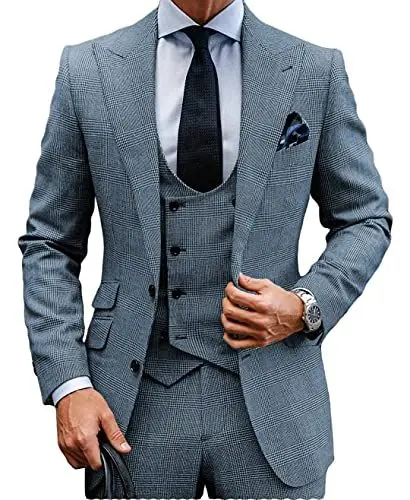 Produktbild: MoranX Herren Anzüge Regular Fit 3 Teilig Zweireihige Wolle Kariert Smoking Hochzeit Anzug Bräutigam Jacke Weste Hose Business(Helle Marine,52)