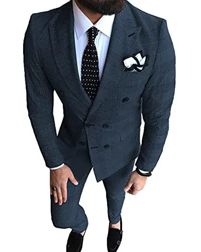 Produktbild: MoranX Herren Anzüge Slim Fit 2 Teilig Zweireihige Wolle Kariert Smoking Hochzeit Anzug Bräutigam Jacke Hose Business(Marine,94)