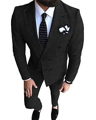 Produktbild: MoranX Herren Anzüge Slim Fit 2 Teilig Zweireihige Wolle Kariert Smoking Hochzeit Anzug Bräutigam Jacke Hose Business(Schwarz,Personalisieren)
