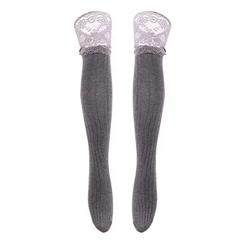 Produktbild: MoreChioce 1 Paar Damen Overknee Strümpfe,Baumwolle Lange Kniestrümpfe Dünn Stretchy Beinwärmer mit Spitze Overknee Socken Kniewärmer Knee High Socks,Dunkel Grau