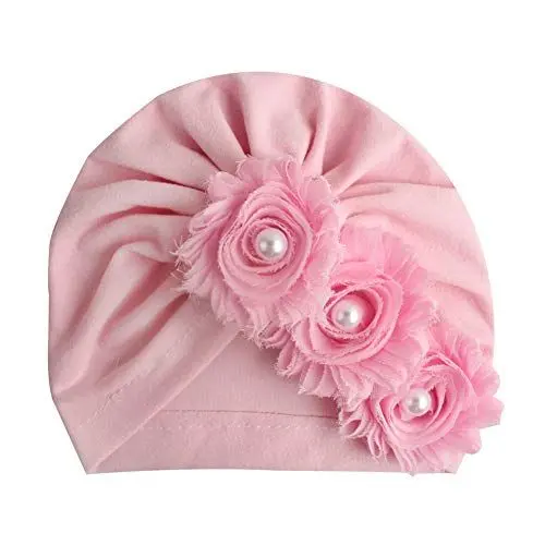 Produktbild: MoreChioce Baby Mütze Neugeborene,Weich Baumwolle Mädchen Turban Kleinkind Kopfbedeckung Strickmütze Elastische Stirnbänder mit Perlen Blume Haarband Beanie Hut Babymütze,Rosa