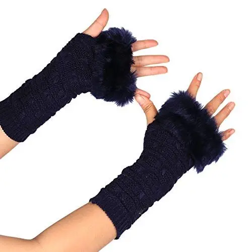 Produktbild: MoreChioce Kunstfell Armstulpen,Damen Winter Wärm Handschuhe Kunstpelz Handwärmer Manschetten Gestrickte Stulpen Handstulpen Armmanschette,Marine