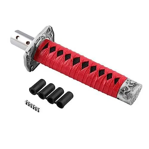 Produktbild: Samurai-Schwert-Schaltknauf,MoreChioce Universal Auto Schalthebel Manueller Schalthebelknauf Automatisch Schaltknauf Getriebekopf Abdeckung mit 4 Adaptern 8mm 9,5mm 10mm und 12mm,Rot + Schwarz