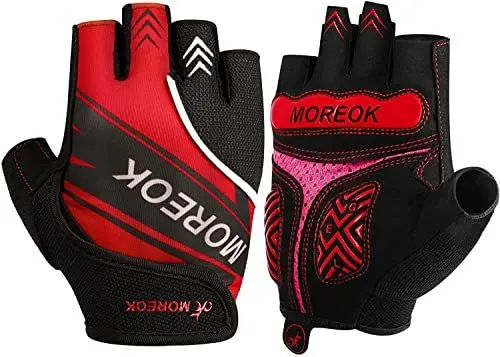 Produktbild: MOREOK Fahrradhandschuhe für Herren Damen Sommer Radsporthandschuhe Halbfinger 5MM SBR Gel rutschfeste/stoßdämpfende Handschuhe hellrot-L