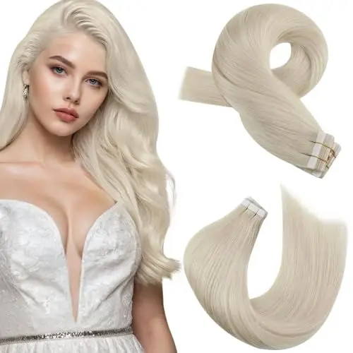 Produktbild: Moresoo Tape in Extensions Echthaar Platinblond unsichtbar klebend Echthaar Haarverlängerung 45cm 50g/Pack Platinblond #60