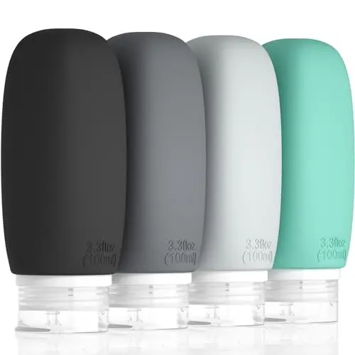Produktbild: Morfone Reiseflaschen zum Befüllen 100ml, Silikon Reiseflaschen Set 4 Stück Travel Essentials Nachfüllbare Reisegröße Flaschen Auslaufsicher Reise Container Shampoo Creme Spülung, Reise Gadgets - Grau