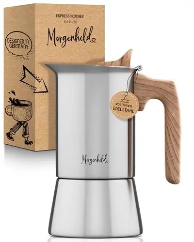 Produktbild: Morgenheld Premium Espressokocher aus Edelstahl klein 4 Tassen 200 ml Mokkakanne Espressokanne induktionsgeeignet Espressomaker 200ml Induktion Espressomaschine Mokkakocher Induktionsherd Gasherd