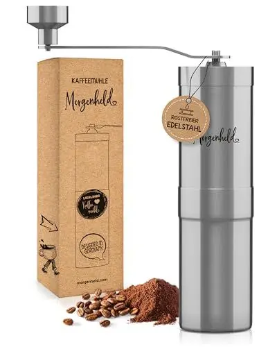 Produktbild: Morgenheld Kaffeemühle Edelstahl manuell stufenloses Keramikmahlwerk mechanische Hand Kaffee Mühle Kegelmahlwerk Espresso Handkaffeemühle für Outdoor und Camping manuelle Espressomühle Kaffeemahlwerk