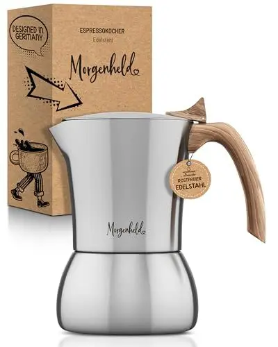 Produktbild: Morgenheld Premium Edelstahl Espressokocher klein für 4 Tassen 200 ml Espressokanne induktionsgeeignet Espressomaker für Induktion Espressomaschine Mokkakocher für Induktionsherd Gasherd Mokkakanne