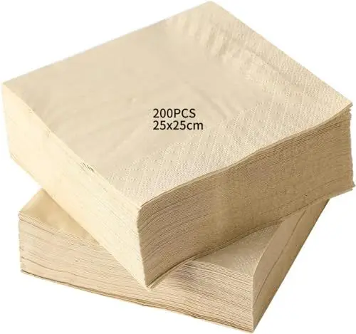 Produktbild: MORGIANA 200 Stück Cocktail Servietten Bambus 2-lagige Umweltfreundliche Beige Servietten Einweg Papier Color Natural Recycelbar Biologisch Servietten Party Restaurant Weihnachten（25 * 25CM）