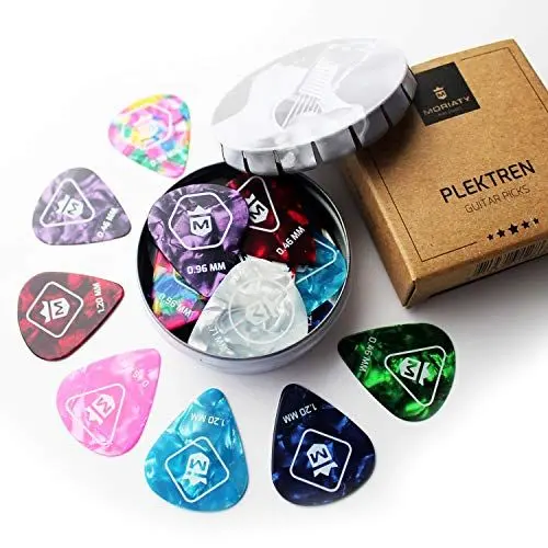 Produktbild: MORIATY® 20 Plektren im Set inkl. Gitarrenschule + Geschenk-Box — Gitarren Plektrum aus extrem robustem Celluloid | 4 Stärken: 0.46-1.20 mm