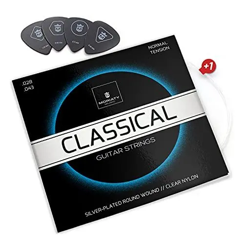 Produktbild: MORIATY® Gitarrensaiten Konzertgitarre, Saiten für klassische Gitarre aus Nylon und Silber, Akustikgitarre (7 Saiten-Set) | INKLUSIVE: 4 Plektren + Extra hohe E-Saite