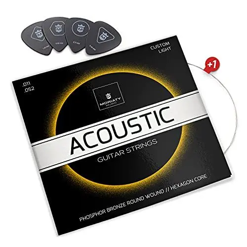 Produktbild: MORIATY® Gitarrensaiten für Westerngitarre - Premium Stahl Phosphor-Bronze (7 Saiten-Set) für Western-Gitarre & Akustikgitarre | INKLUSIVE: 4 Plektren + Extra hohe E-Saite