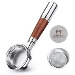 Produktbild: MORILS Bodenloser Siebträger 58mm, Siebträger Kompatibel mit E61,Flair 58,ECM,Rocket – 58mm Filterhalter aus Edelstahl Mit 1 Tasse Filterkorb Spleißgriff aus Walnussholz und Edelstahl - 2 Ears