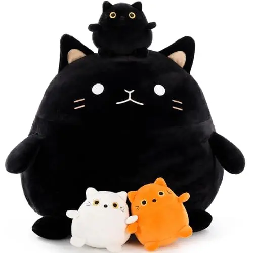 Produktbild: MorisMos 40cm hoch Schwarze Katze Tier Kissen mit 3 Kätzchen im Bauch, weich Gefüllte Katze Plüschkissen Niedliches Umarmungskissen,Süße Schlafkissen Wurfkissen Deko Kissen Puppe