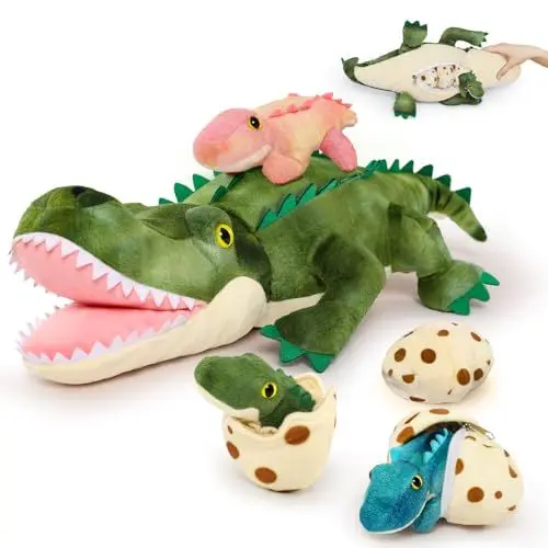 Produktbild: MorisMos 60cm lang Krokodil Kuscheltier XXL,Plüschkroko mit 3 kleinen Plüsch-Baby-Krokodilen im 3 Eier, Croco Plüsch-Alligator Plüschtiere Stofftiere Spieleset für Kinder Jungen Weihnachten Geschenk